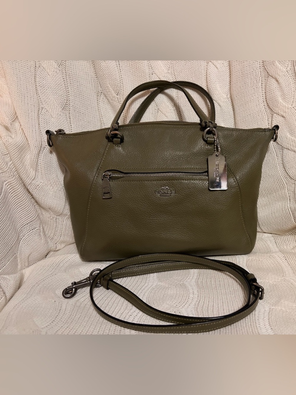 Coach Olive Green Pebbled Leather Prairie Satchel with Detachable Strap